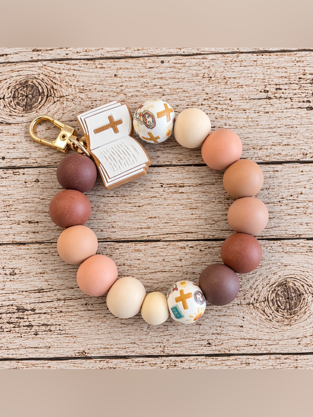 Silicone Beaded Wrist Keychain with Book & Cross Charms - Neutral Brown